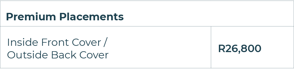 Premium Placements ,Inside Front Cover / Outside Back Cover,R26,800